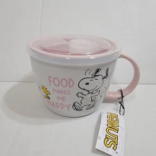 NEW Peanuts Snoopy & Woodstock 23oz Ceramic Soup Mug w/Lid "Food Makes Me Happy"