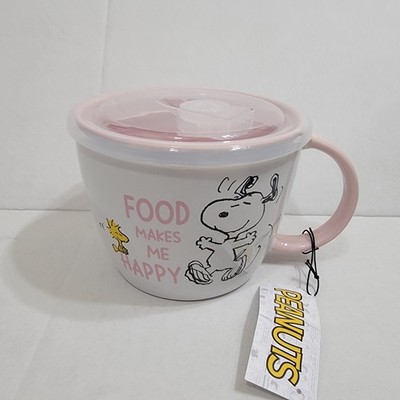 NEW Peanuts Snoopy & Woodstock 23oz Ceramic Soup Mug w/Lid ''Food Makes Me Happy''