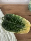 Vintage Green & Yellow Cabbage Leaf Ceramic Platter - 12" Lettuce Majolica style