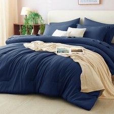 CozyLux Queen Comforter Set Navy Blue, 7 Pieces Bed in a Bag Queen,