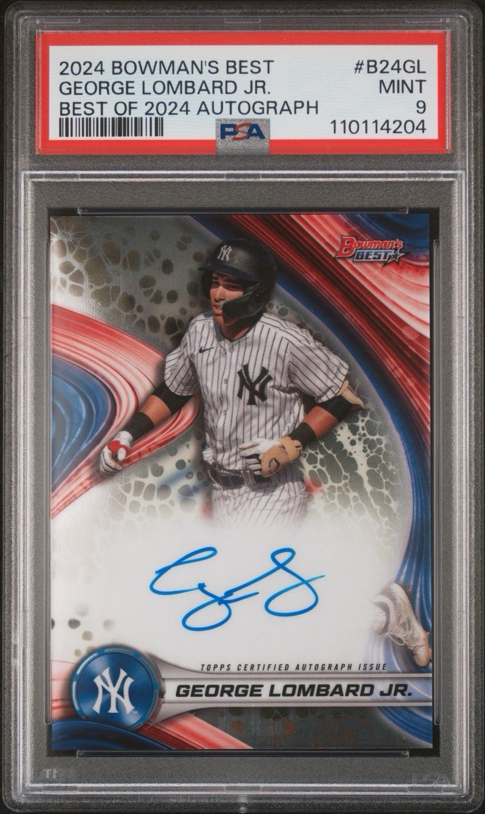 George Lombard Jr. Autograph 2024 Bowman’s Best Base Refractor Yankees PSA 9