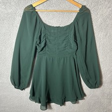 Altar'd State Chiffon Romper Puff Sleeve Ruched Square Neck Women's S Green