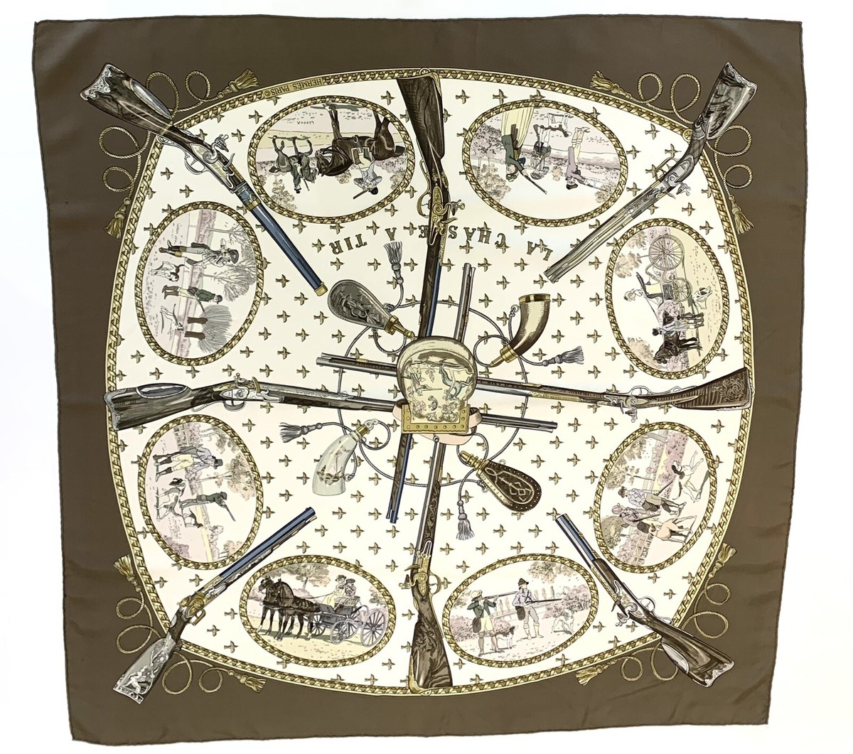 Vintage Hermes 1971 La Chasse a Tir Silk Scarf by Philippe Ledoux