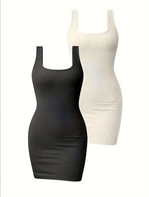 OQQ Large 2Piece Dresses Sleeveless Square Neck Tank Top Mini Beige/Tea Leaf New
