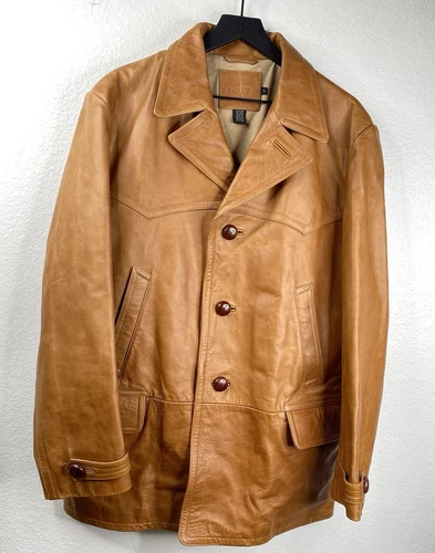 Vintage J. Crew Men's Leather Moleskin Barn Chore Car Coat Jacket Brown Sz M