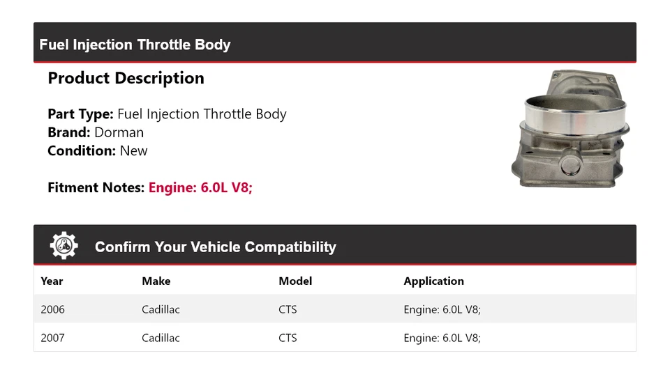 Carrocería de acelerador de inyección de combustible Dorman 6,0 L V8 2006-2007 Cadillac CTS 6,0 L Foto 2 de 4