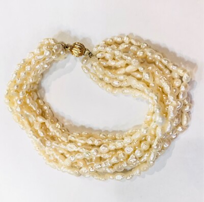 VTG 14k YELLOW GOLD RICE PEARL BRACELET 10 Strand Keshi Ball Clasp 8.25  LOOK