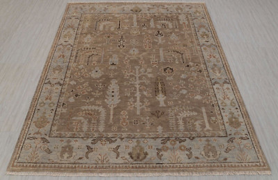 8x10 Beige Gray Cypress Tree Design Hand Knotted Soft Quality Oushak Rug
