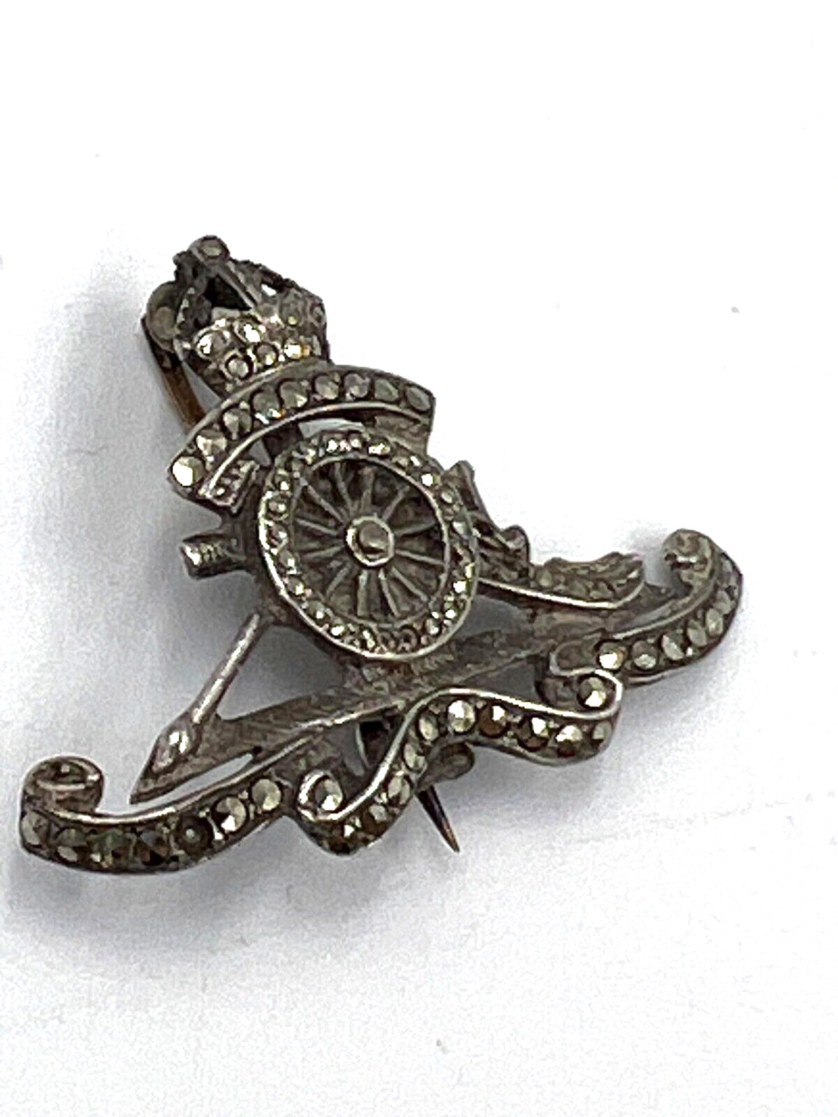 Antique Solid Silver & Marcasite Royal Crest Crow… - image 12