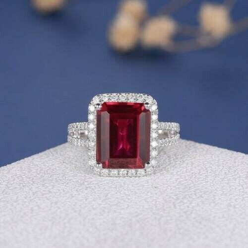 1.23Ct Emerald Simulated Ruby Women's Cocktail Ring 14k White Gold Plated Silver - Bild 4 von 5