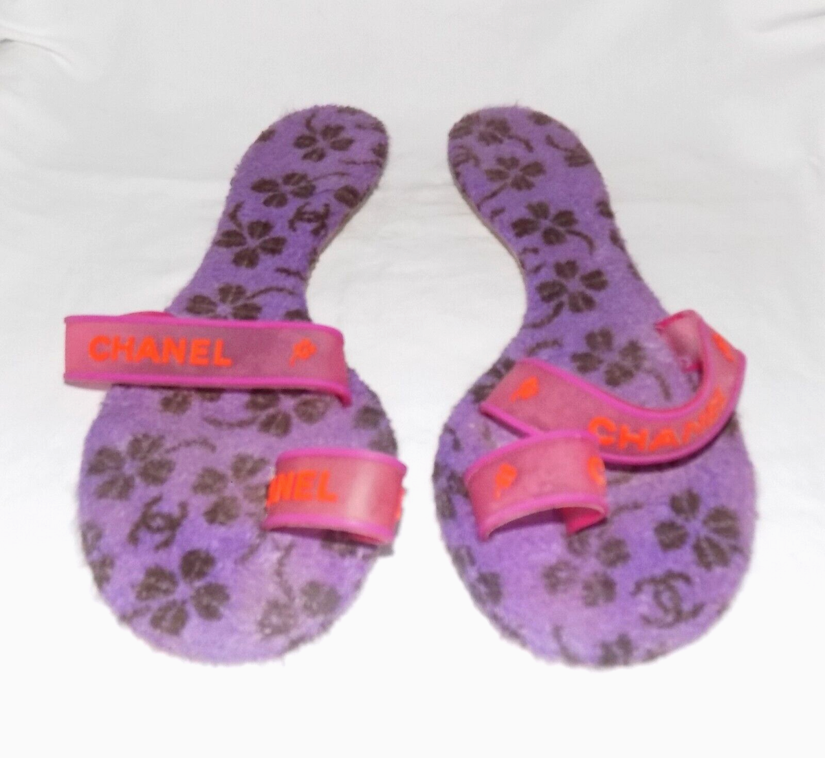CHANEL Pool Slides Purple Terry Cloth Pink Jelly Logo Straps Flats