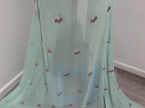 Sea Green Rose Embroidery Sequins Chiffon Fabric 50” Width Sold By The Yard - Picture 4 of 6