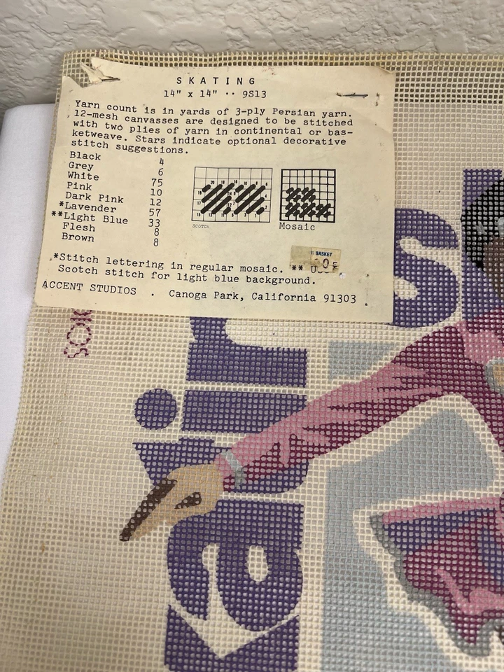 Vintage Skating Needlepoint Canvas Accent Studios 1976 14" x 14" - Image 2 of 4