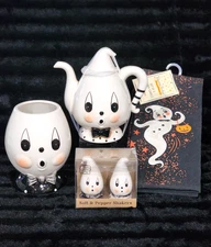 7pc Johanna Parker Ghost Teapot Treat Jar Salt & Pepper Kitchen Towels Gus Retro