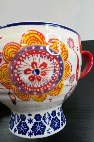 ANTRHOPOLOGIE Sip Of Nectar Pedestal Stoneware Mug Red Blue Yellow Boho Floral - Picture 8 of 10