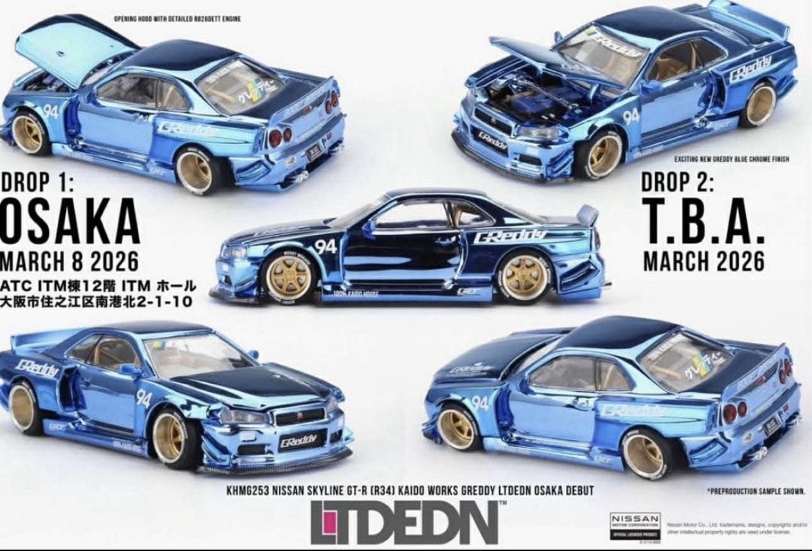 Kaido House x MINI GT Nissan Skyline GT-R R34 Greddy Osaka Debut