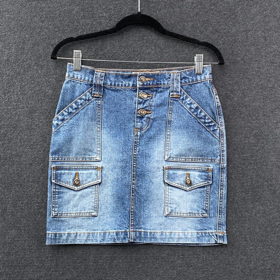 Vintage Roxy Womens Mini Denim Skirt Blue Cargo Pockets Button Fly Y2K Size 0