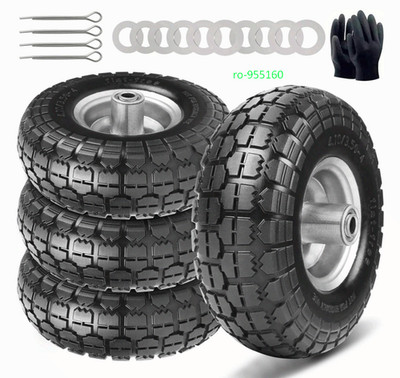 4.10/3.50-4 Flat Free Dolly Wheels 10'' Solid Rubber 4 Pack, 5/8'' Axle