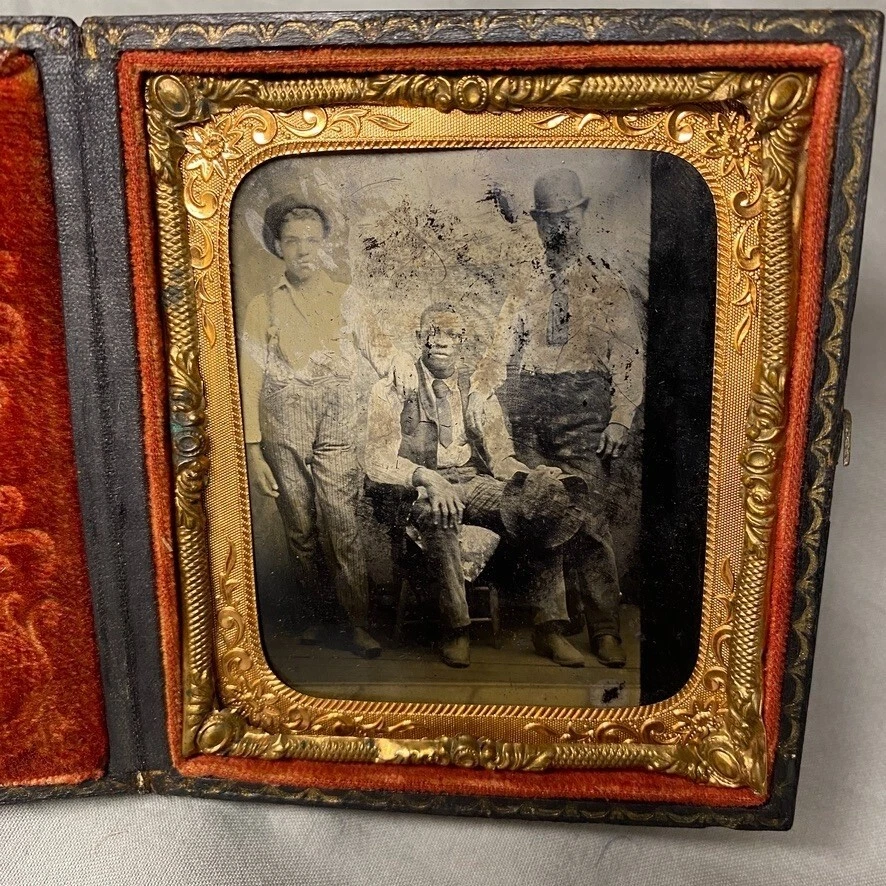 1/6 盘 Tintype 照片 3 非裔美国工人 1880 年代工会案例划痕 — 第 3/4 张图片