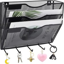 3 Pocket Mesh Hanging File Organizer W/ Key Holder Hooks  Nametag Label Wall