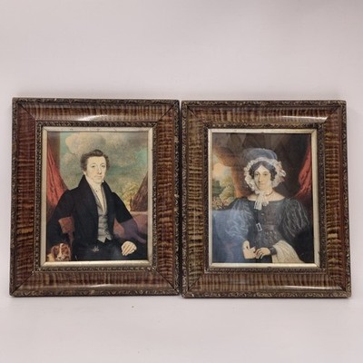 Antikes Paar Aquarell Portraits Dame und Herr mit Hund aus dem 19. Jahrhundert