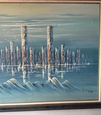 Vintage Abstract Cityscape Oil Painting