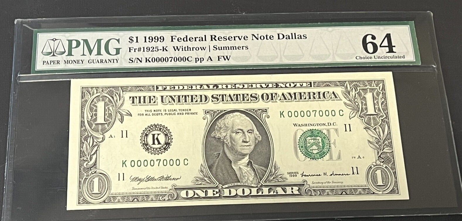 PMG 64  $1 1999  SUPER RADAR FRN FEDERAL RESERVE NOTE DALLAS K 00007000 C   