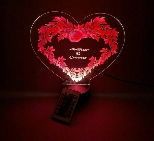 Heart Flower Couples Night Light Up Table Lamp LED Personalized Free With Remote - Picture 6 of 12