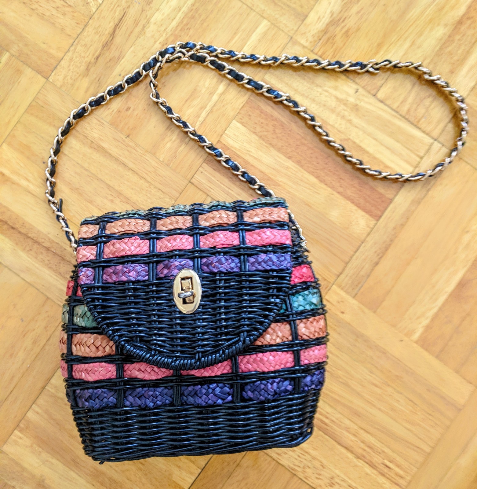 Vtg rare Rainbow Shoulder Purse Wicker Colorful Braided chain crossbody basket