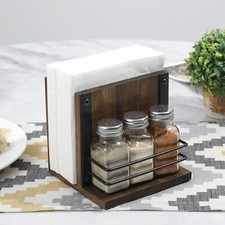 Rustic Farmhouse Wood Napkin Holder w/ 3 Salt & Pepper Shaker Serving Caddy Set
