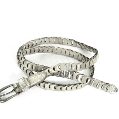 Vintage Tan & Metallic Silver Distressed Leather Chain Link Style Belt sz XXL