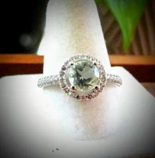 Green Amethyst & White Sapphire & Diamond Size 7 Ring 925 Sterling Silver