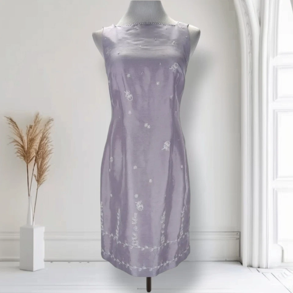 Vestido Vaina Vintage Kay Unger Bordado Talla 6 Lila Floral Cuello Barco Foto 2 de 4