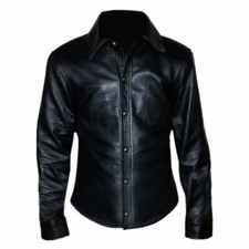 Mens Very Hot Real Sheep Leather Button up Full Sleeve Shirt BLUF