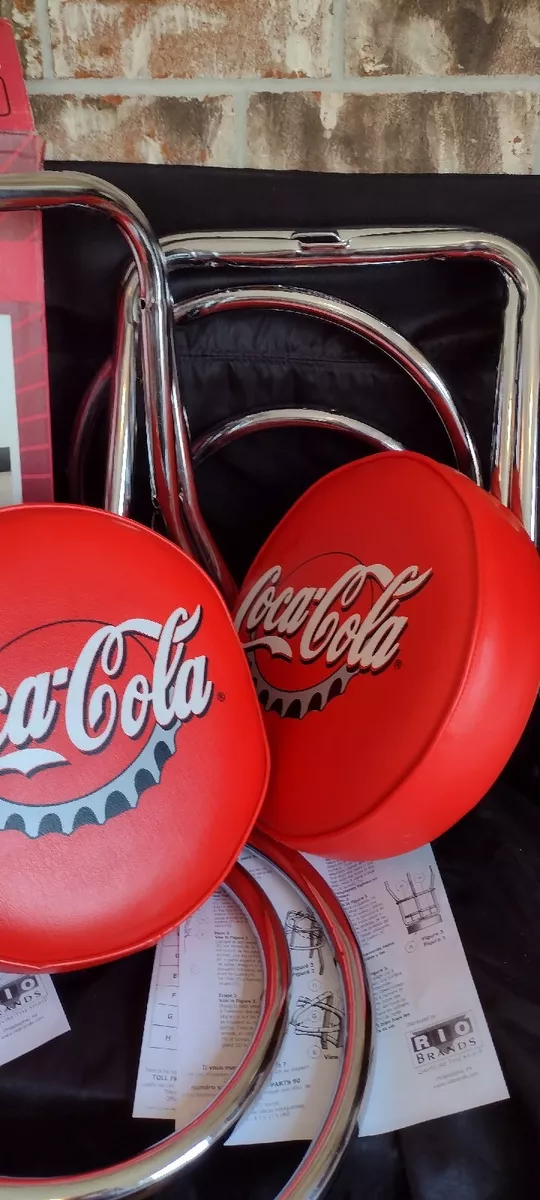 2 Coca Cola Brand Deluxe Bar Stools Bottle Cap Design Chrome Legs Collectible