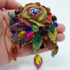 Fashion Vintage Style Art Deco Flower Rose Brooch Pin Pendant Color Rhinestone