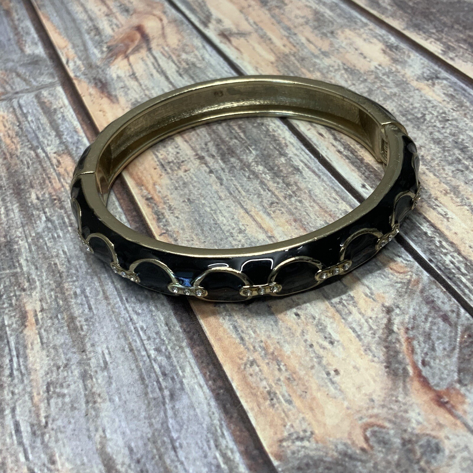 Black enamel interlocking circle rhinestone hinge… - image 2