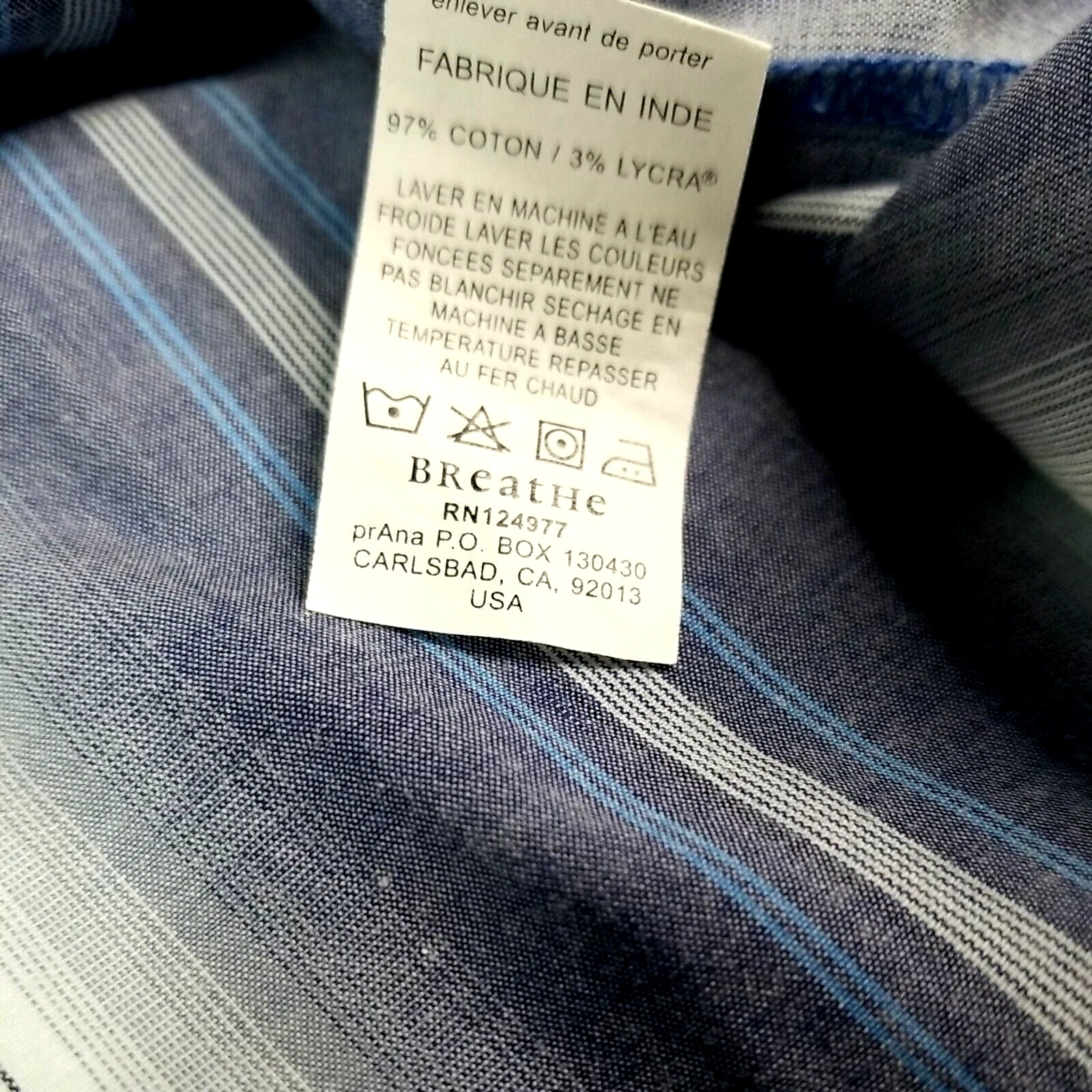 prana breathe button up blue stripe slant pocket shirt