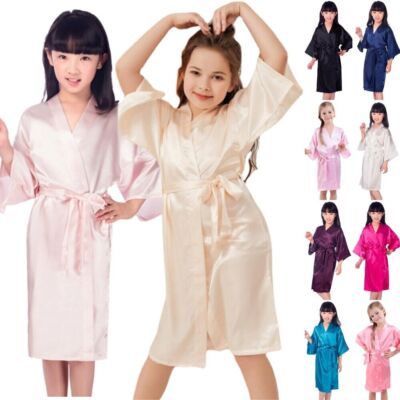 UK Seide Satin Blume Mädchen Kinder Kimono Morgenmantel Nachtwäsche Hochzeit Morgenmantel 4-14