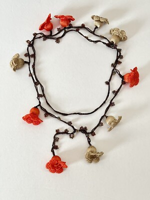 Orange BeigeTulip Flower Crochet Pendant, Boho Hairpiece, Turkish Bracelet, Oya,