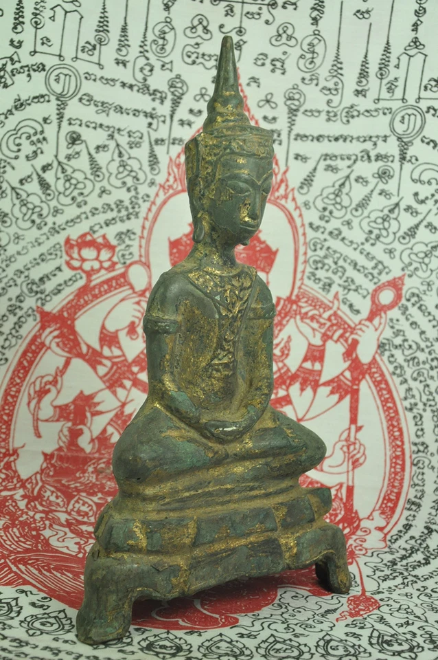 Antique Phra Chai Ngang Ngan Emperor Thai Gilt Gold Bronze Buddha Figure Statue - Image 2 of 4