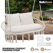 Macrame Hammock Relaxing Boho Chair Hanging Rope Swing 2-Seat w/Cushion & Tassel