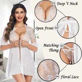 Sexy Lingerie for Women See Through Babydoll Lace Kimono Set with Thong Gift USA