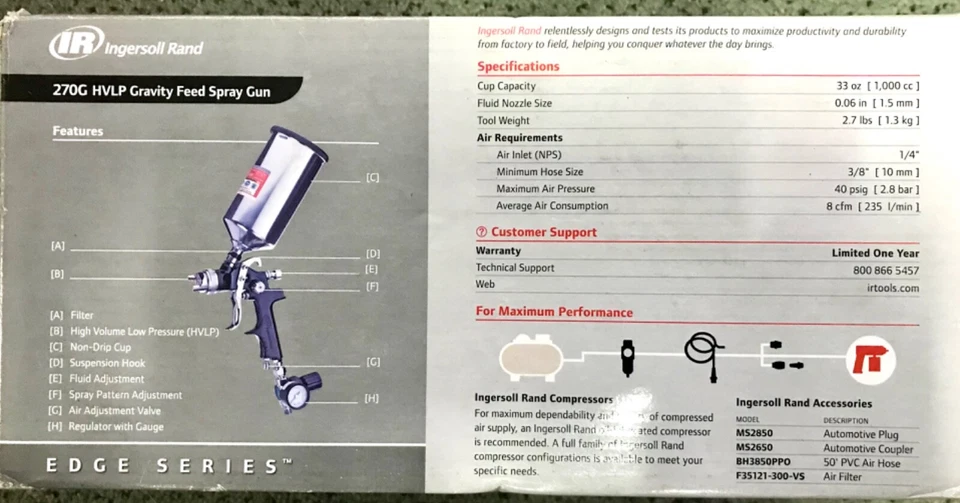 Kit de pistola pulverizadora de alimentación por gravedad Ingersoll Rand 270G Edge Series HVLP negra Foto 4 de 4