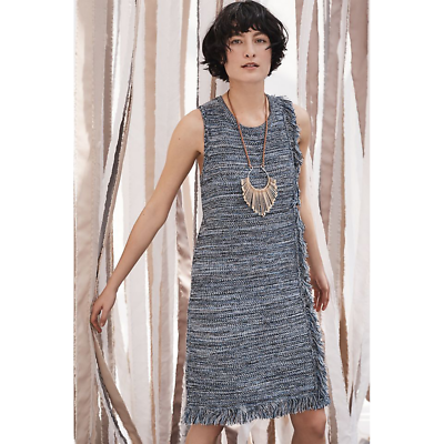 Holding Horses Dress Womens S Blue Tweed Fringe Sleeveless Shift  
