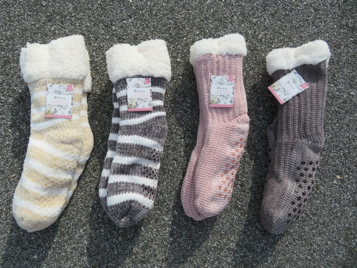 4) Pairs Women's Chenille Slipper Booties Pink Gray Yellow Brown