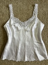 Dainty Vintage White Satin Rose Lace Trim Cami Top Size M