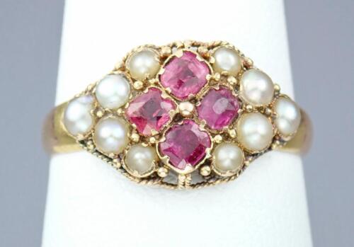 Beautiful Antique Georgian 18K 15K Rose Gold Ruby Pearl Floral Ring Size 7 - Picture 1 of 21