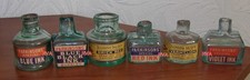 6 ANTIQUE DIFFERENT SHAPE SMALL AQUA GLASS INK BOTTLES  - NICE COLOURFUL LABELS