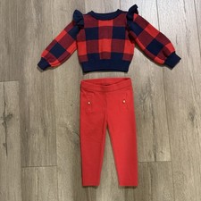 Janie and Jack Red Navy Plaid Sweater Pants Set Ruffle Sleeve Sz 18-24 Months